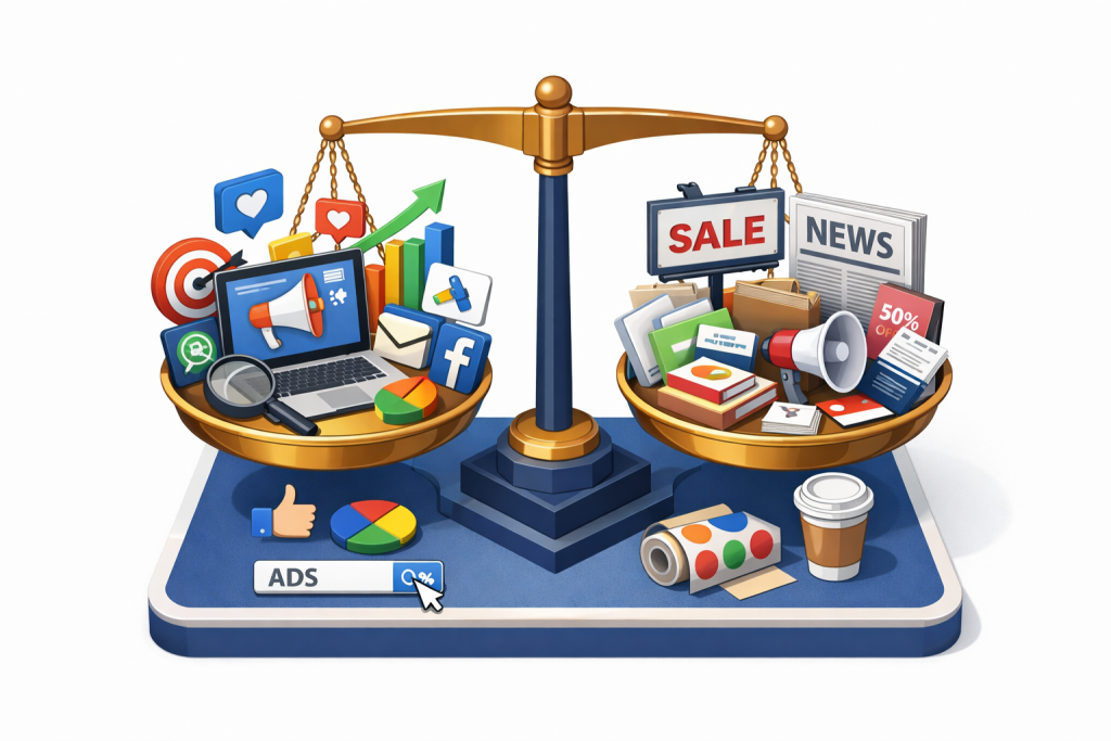 Digital Marketing Fatigue Is Real, So What Does This Mean For Marketing 13 A balance scale with digital marketing icons on one side and traditional advertising materials on the other.